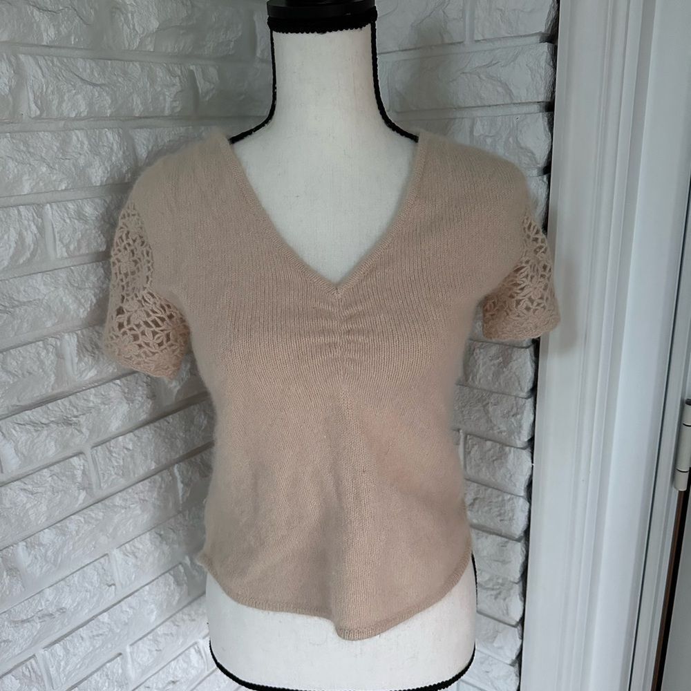 Reference Point Lambswool Short Sleeved Sweater w/ Crochet Floral Sleeves